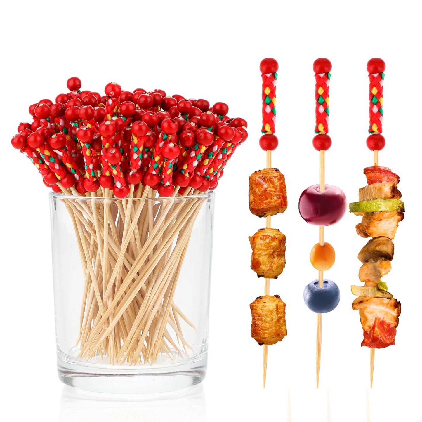 100 Pack Cocktail Picks Decorative Cocktail Sticks Wooden Toothpicks for Appetizers Fancy Skewers Sticks Cocktail Toothpicks for Food and Drinks Sandwich Nibbles, Red Pearl Style