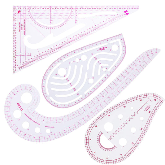 Aster 4 Styles Fashion Clear Metric Sewing Ruler Set, Plastic Sew French Curve Ruler, Beveled Transparent Ruler Multifunctional Scale Drawing Ruler for Designers, Pattern Maker, Sewing Templates