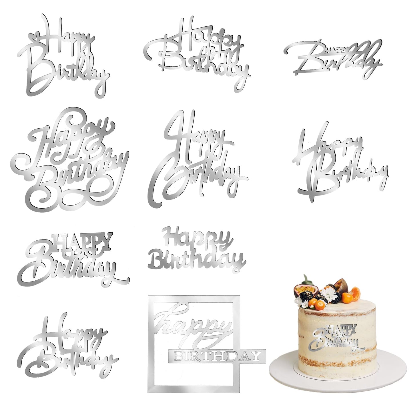 10 PCS Silver Happy Birthday Cake Toppers, Silver Glitter Happy Birthday Cake Decoration, Mirror Acrylic Birthday Cake Toppers, Cupcake Toppers for Birthday Party Cake Desserts Pastries, 10 Styles