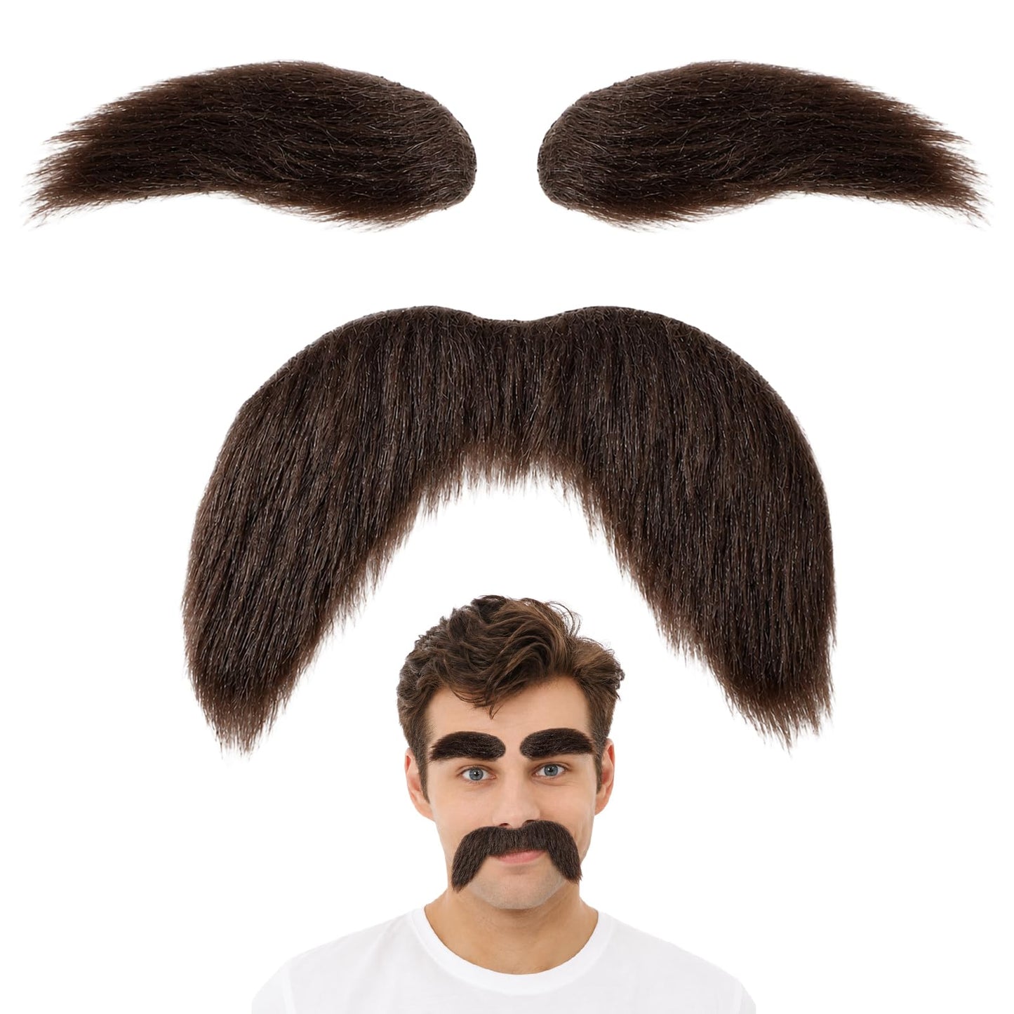 Fake Beard and Eyebrow Set, Funny Moustache for Gluing (Brown)