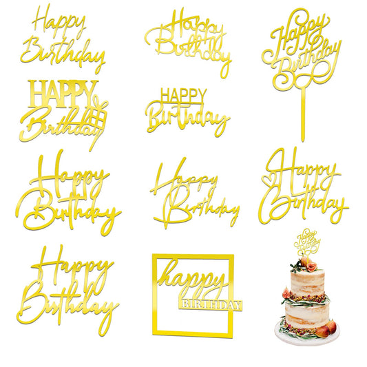 10 PCS Gold Happy Birthday Cake Toppers, 10 Styles Golden Glitter Happy Birthday Cake Decoration, Mirror Acrylic Birthday Cake Toppers, Cupcake Toppers for Birthday Party Cake Desserts Pastries