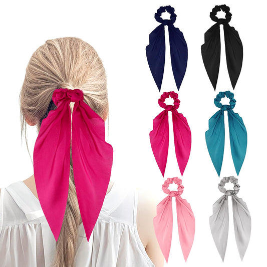 Aster 6 Pcs Hair Scarf Scruncheis for Women, 6 Color Cute Ribbon Bow Hair Ties, Elastic Satin Scrunchies, Silky Chiffon Hair Ties Hair Scarf for Women and Girls(Green, Blue, Black, Pink, Gray, Rose)