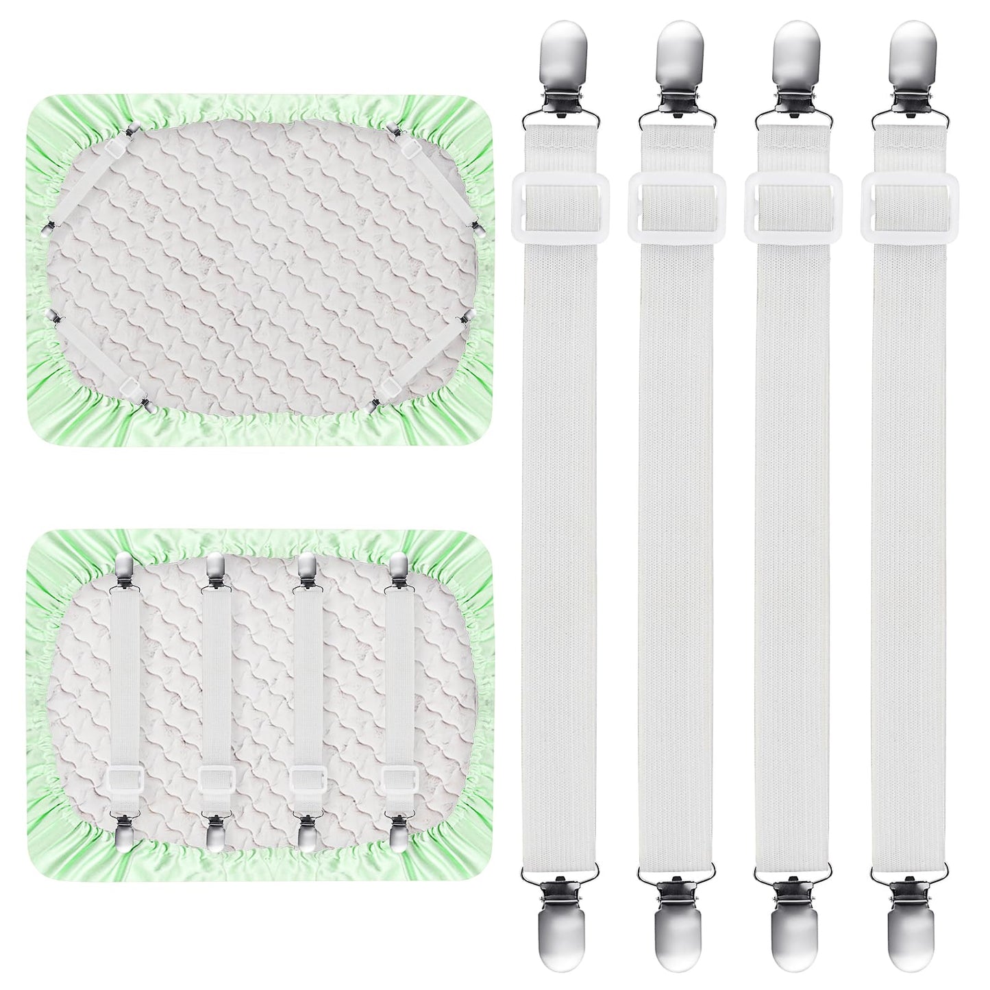ASTER Adjustable Bed Sheet Straps Clips, 6 Pcs Elastic Bed Sheet Fasteners, Mattress Sheet Holder and Suspenders, Fitted Sheet Clips for Bed Mattress Cover Fitted Bed Sheets, White