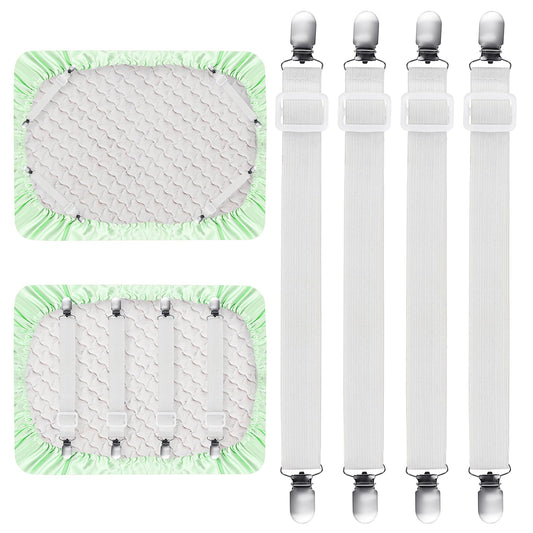 ASTER Adjustable Bed Sheet Straps Clips, 6 Pcs Elastic Bed Sheet Fasteners, Mattress Sheet Holder and Suspenders, Fitted Sheet Clips for Bed Mattress Cover Fitted Bed Sheets, White