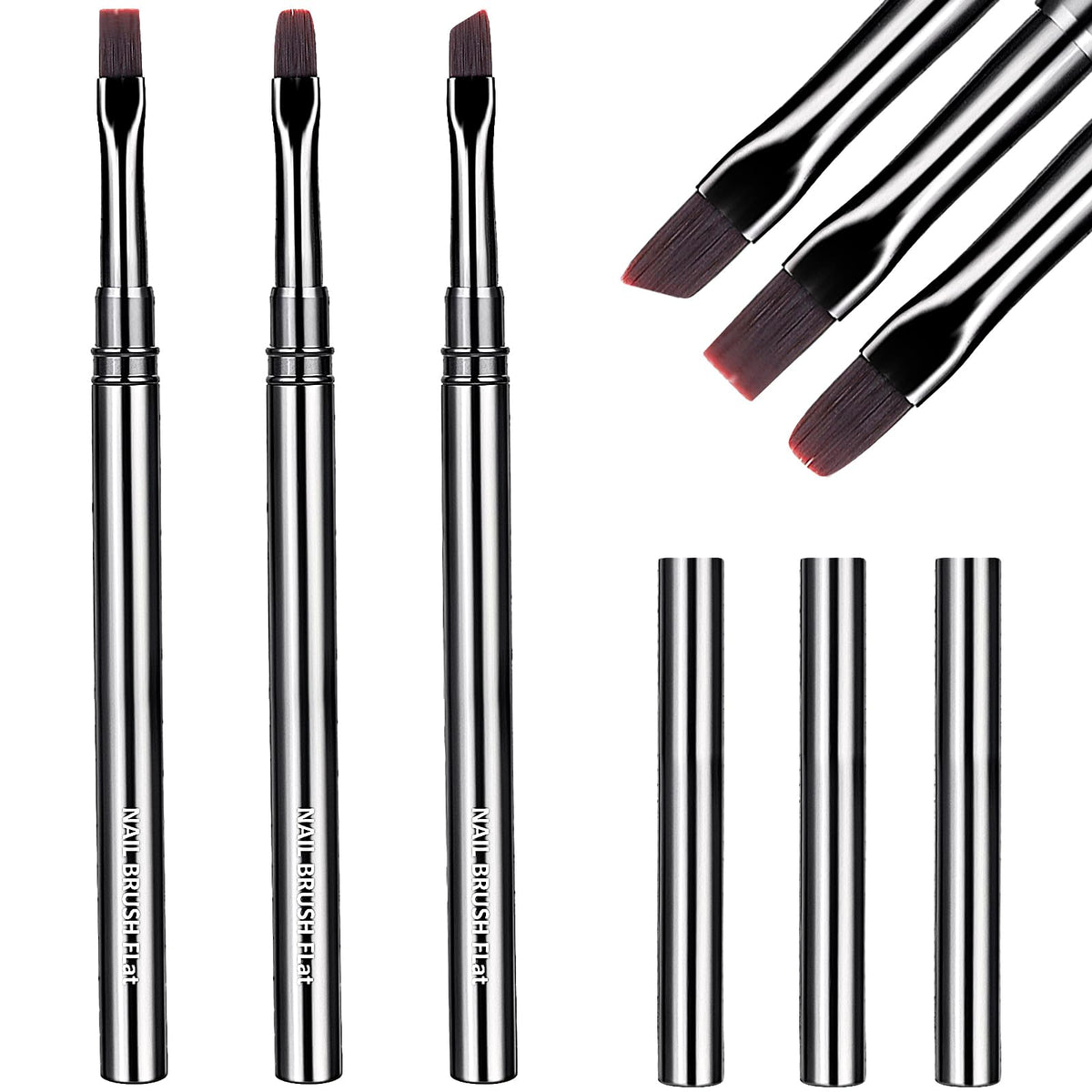 Aster 3 Pcs Nail Art Brushes Set, Flat/Oval/Angled Nail Nail Art Clean Up Brush Kit, Nail Polish Brushes for Nail Art Design, Painting DIY, Cleaning Fingernails