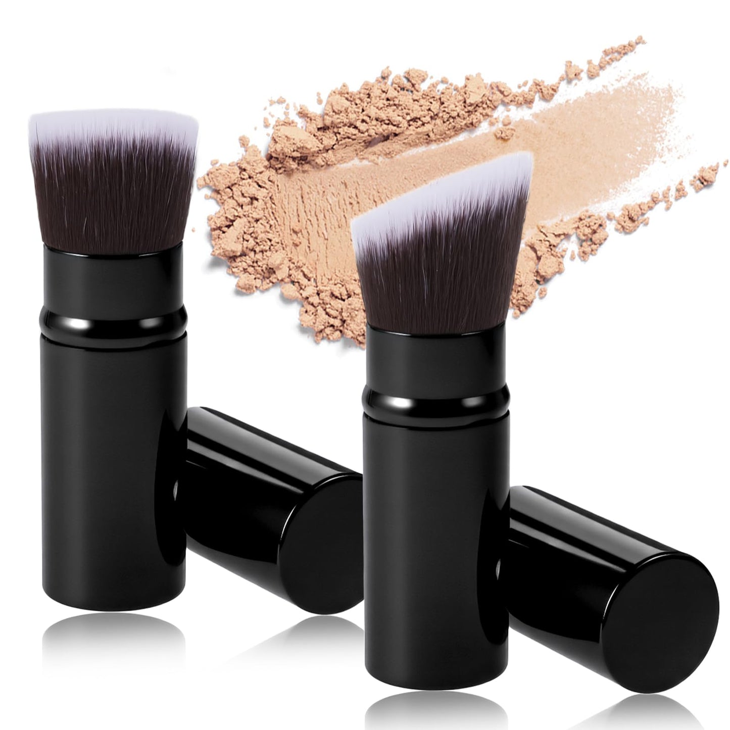 2 Pcs Retractable Makeup Brushes, Beveled Kabuki Primer Brush, Portable Powder Blush Blending Brush for Blush, Sun Protection, Bronzer, Polishing, Concealer, Highlighter (Flat)