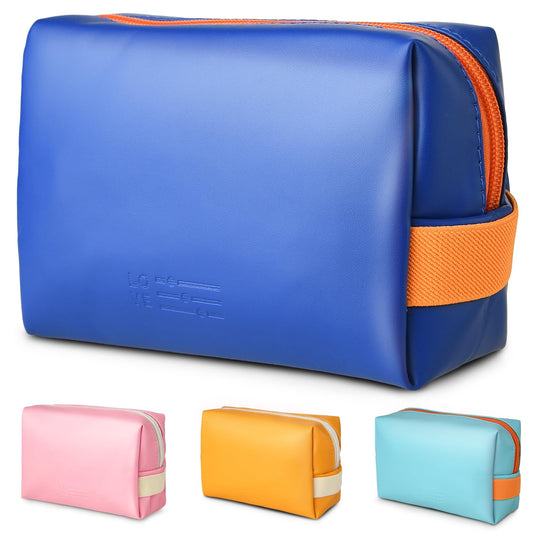 Travel Cosmetic Bag - Waterproof Leather Makeup Bags for Women Travel Toiletry Bag Portable Makeup Organizer Bag, Roomy Zipper Cosmetic Bag for Women and Girls (Dark Blue)