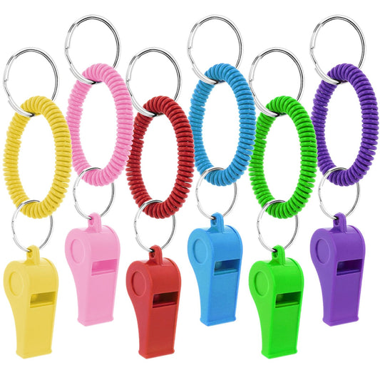 ASTER 6Pcs Sport Whistle with Bracelet, Plastic Whistles for Kids Coach Whistle Keychain with Stretchable Coil in Assorted Colors for Coaches Referees Goodie Bag Fillers Birthday Party Gift