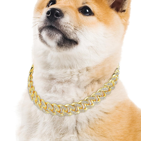 Thinp Gold Dog Collar, 25cm Gold Chain Dog Collar Cuban Link Dog Collar Diamond Chain Dog Collar with Secure Buckle Gold Dog Chain for Small Medium Large Dogs Cats Walking