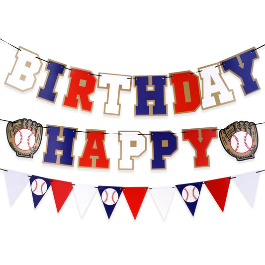 ASTER Happy Birthday Baseball Banner Baseball Themed Party Decorations Classic Red White and Blue Baseball Pennant Bunting for Sports Theme Birthday Party Favors