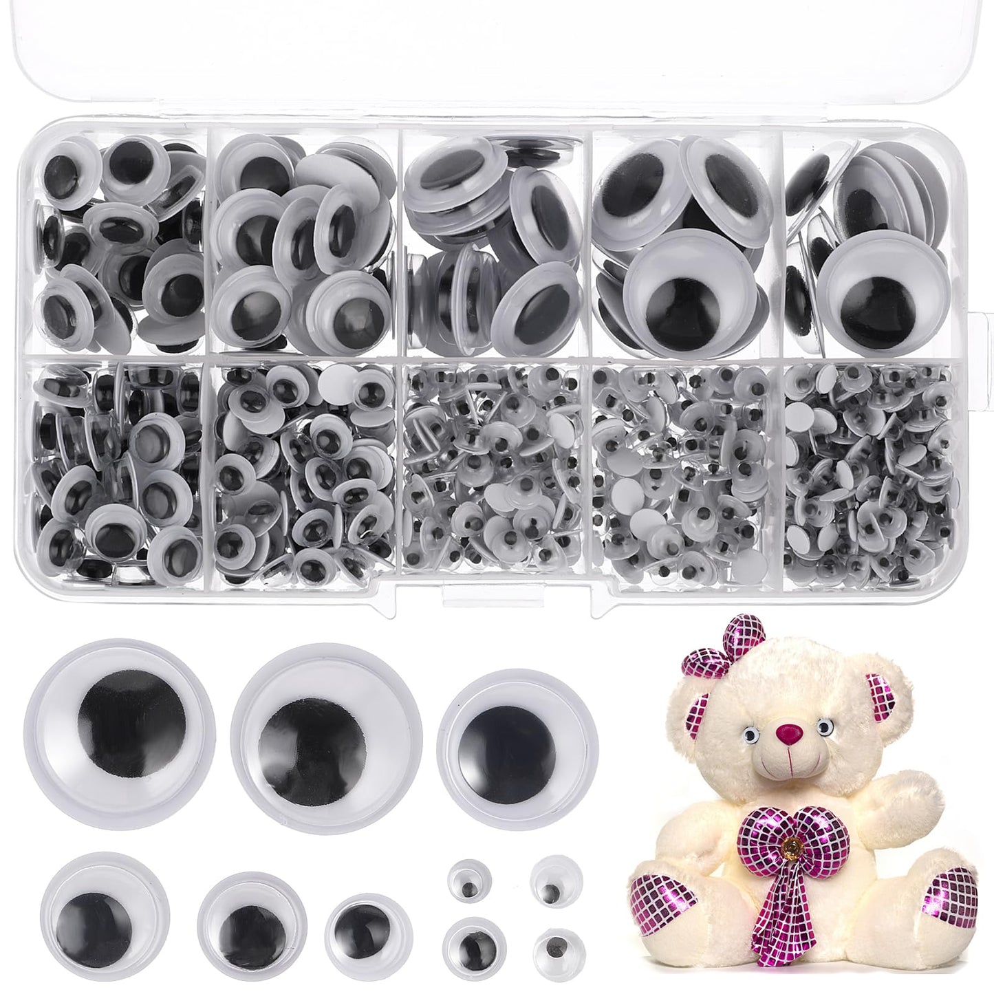 ASTER Stick on Googly Wiggle Eyes, 750Pcs Assorted Size 4-18mm Self-Adhesive Craft Eyes Wobbly Eyes Stickers DIY Craft Doll Eyes Making Accessories for Halloween,Scrapbooking (4/5/6/8/10/12/15/18 mm)