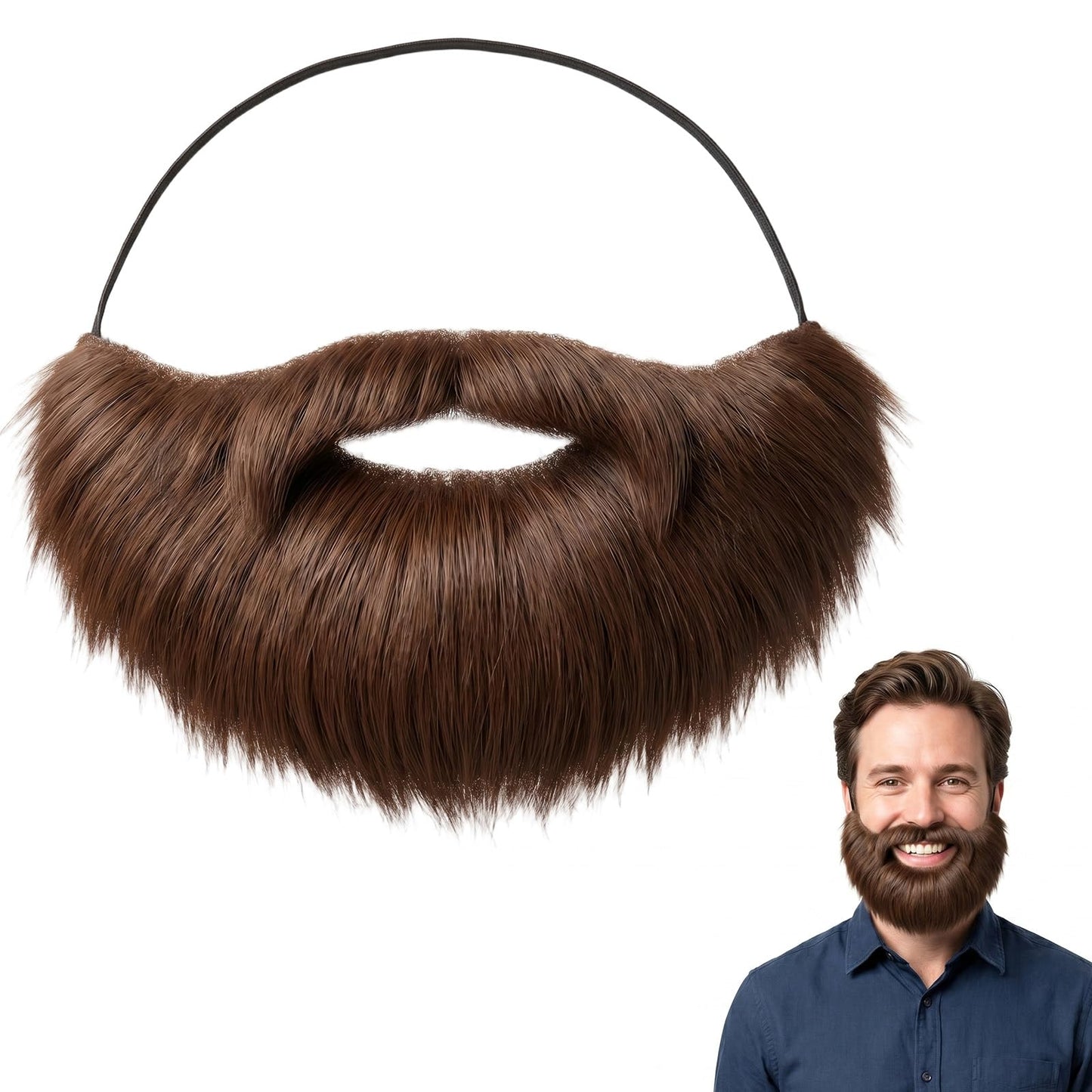 Fake Mustache, Brown Fake Beard with Elastic Band for Men Halloween