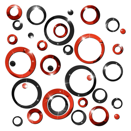 ASTER 48PCS Acrylic Circle Mirror Wall Stickers Round Dots Mirror Wall Decals DIY Mirror Stickers for Home Living Room Bedroom Decor (Black + Red)