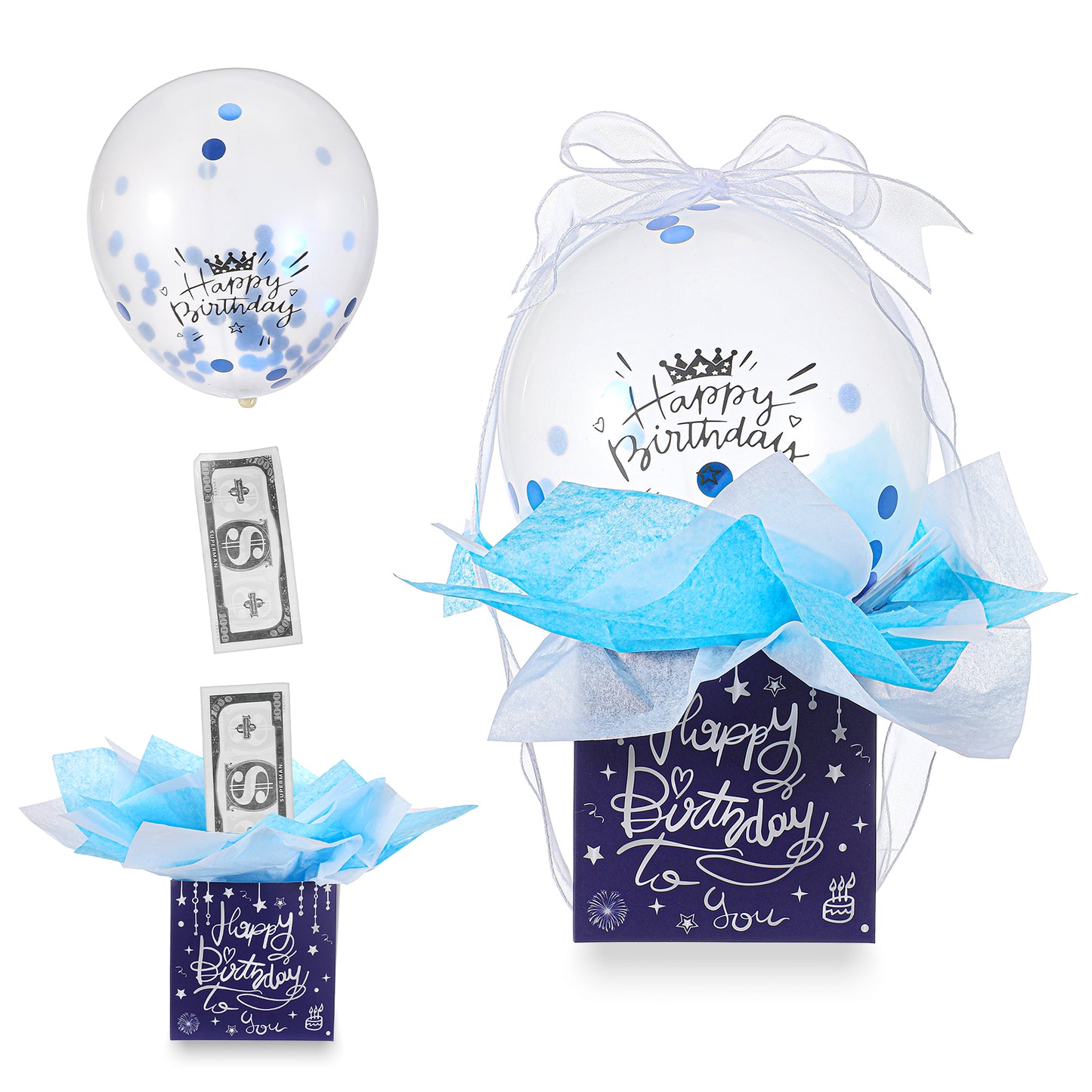 Pull Money Balloon Box, Birthday Cash Surprise Kit with Balloons & Ribbon, Funny Pull Cash Surprise Kit for Women & Men, SurprisesMoney Gift Box for Birthday Party Supplies (Blue)