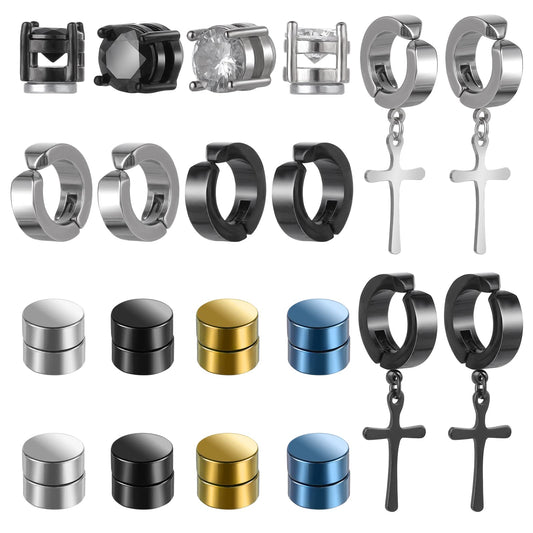 10 Pairs Men Magnetic Earrings Stainless Steel Magnetic Earrings Non Piercing Cross Fake Earrings, Clip on Earring CZ Dangle Magnet Earring for Men,Women,Kids,Girls