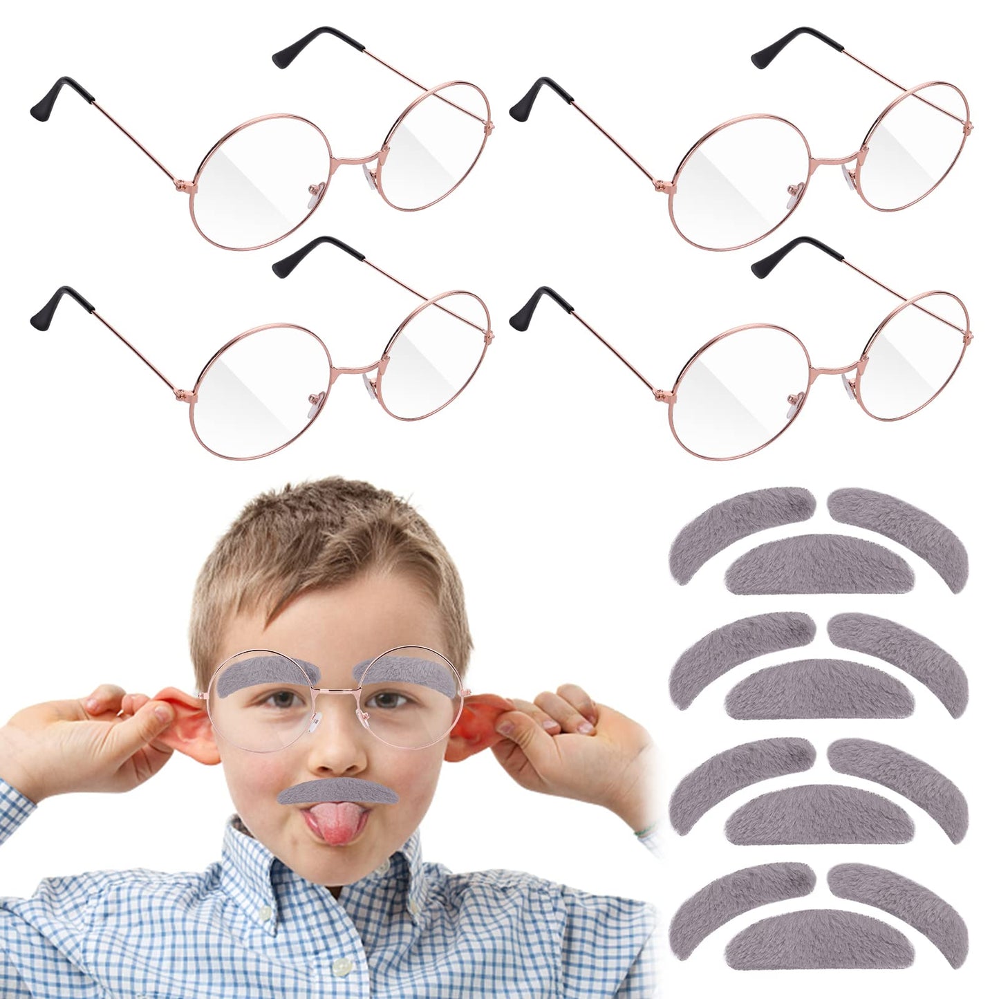 ASTER 8 Pieces Old Man Costume Sets Grandpa Dress Up Accessories Novelty Adhesive Fake Eyebrows and Moustache Set for Kids School Party,Halloween Costume Cosplay