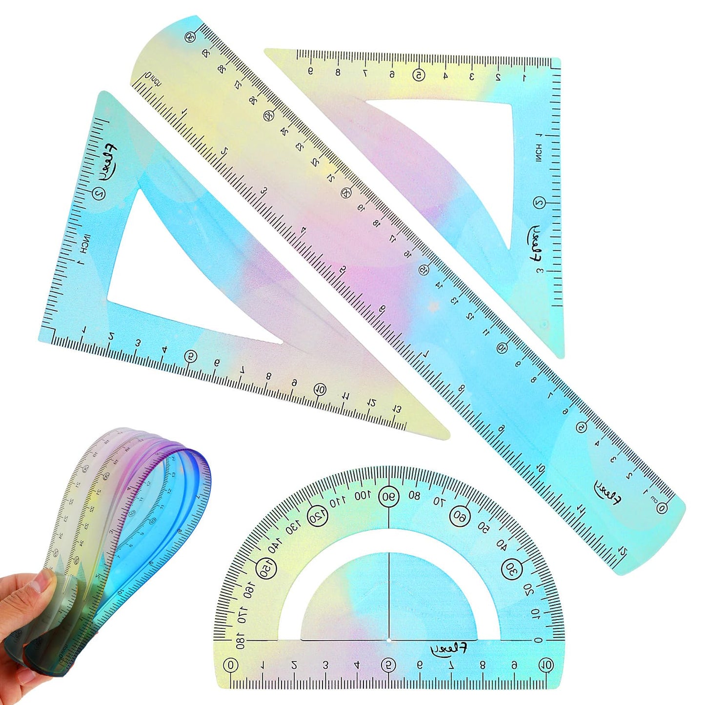 1 Set Flexible Ruler Math Set Includes Protractor, Triangle Rulers, 12 Inch Straight Ruler, Drafting Ruler Geometry Ruler Measuring Tool for School Office Home Supplie (Gradient Style, Blue)