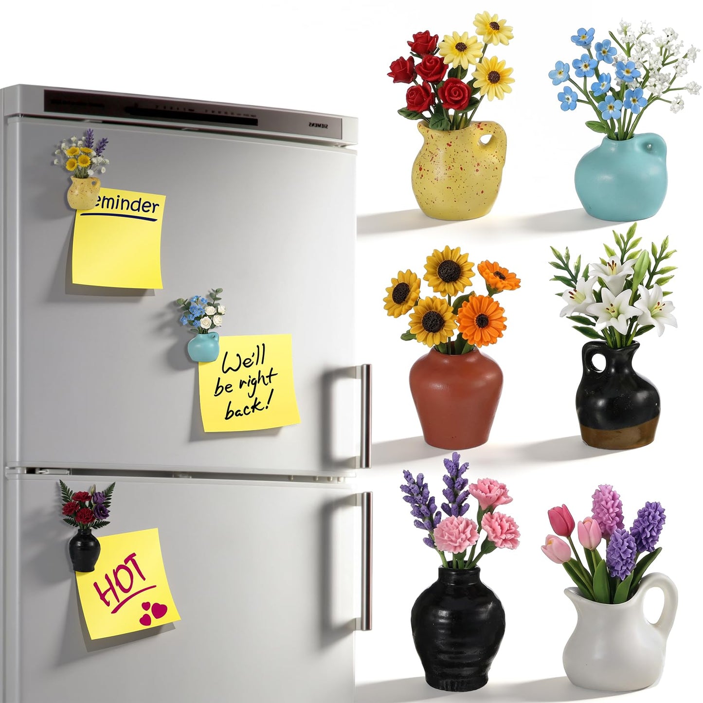 6 Pack Mini Ceramic Vase Magnets, 3D Decorative Magnetic Vases for Flowers, Vase Magnets for Refrigerator (Flowers Not Included)