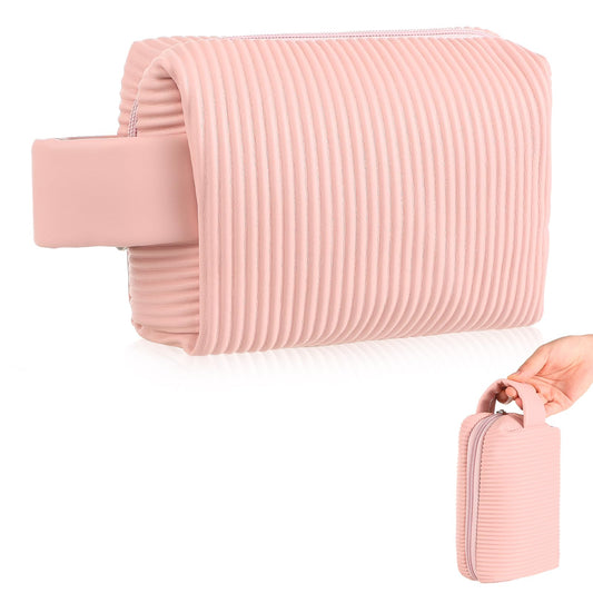 Travel Makeup Pouch PU Leather Cosmetic Bag Small Striped Makeup Bag Waterproof Cosmetic Pouch with Handle Cute Makeup Bag Makeup Sack for Women Girls, Pink