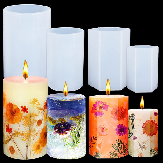 ASTER 4PCS Candle Molds Large Cylinder Resin Mold Silicone and Hexagonal Prism Candle Molds for Candle Making for Epoxy Resin DIY Crystal Votive Candle Holders Wedding Party Home Decoration (4 sizes)