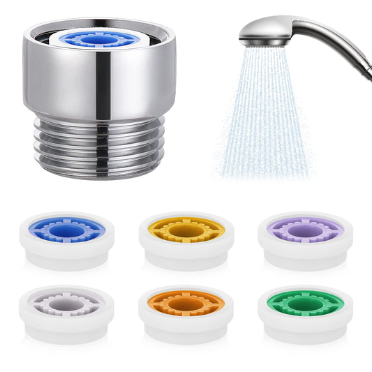 ASTER 7 Pieces Shower Head Flow Restrictor 1.5/1.8/2.0/2.5/3.0 GPM Shower Flow Reducer Limiter Shower Head Water Saver Adapter Set for Fixed Shower Head and Handheld Shower