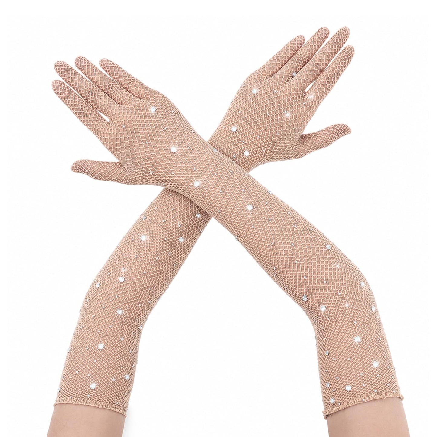 Auteonsa Long Rhinestone Gloves, Stretchy Fishnet Gloves for Women