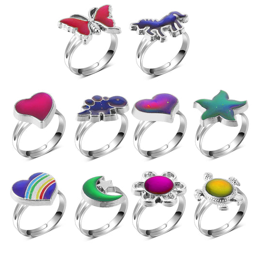 10 Pieces Mood Rings for Kids, Adjustable Mood Rings for Girls Boys Mixed Color Change Ring Mood Rings Bulk for Boys Girls Women Halloween Birthday Party Favors Carnival Costume Accessories (Style 2)