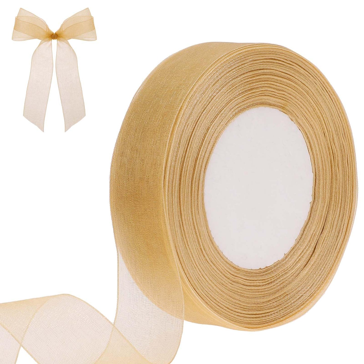 ZEYIYER Gold Ribbon, 40 M Gift Wrap Ribbon 2.5 CM, Sheer Festival Gift Basket Chiffon Flower Bouquet Ribbon, Organza Ribbon for Gift Wrapping Festive Bouquet Celebration Invitation Decorations