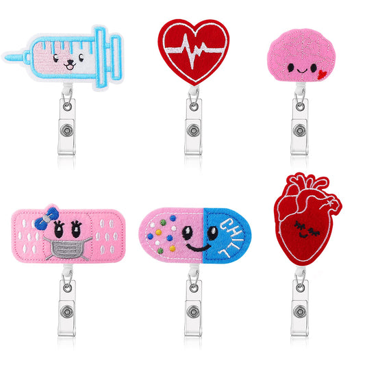 ASTER 6 Pcs Retractable Nurse Badge Reel Felt Badge Holder Nursing Name Badge Clip Heart Brain Lung ID Tag Badge Reel with Alligator Clip for Nurse Doctor Office School, 6 Design