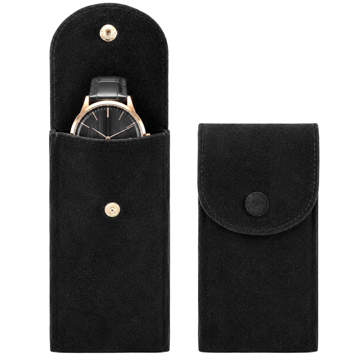 2 Pack Black Velvet Watch Pouch, Soft Flannel Watch Bag with Snap Closure