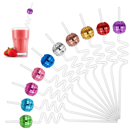10 Pieces Disco Ball Straws, 70s Disco Party Decorations Reusable Plastic Straws Mirror Reflective Stirrers Cocktail Disco Ball Decor for Bachelorette Party Holiday Wedding Birthday Supplies(Colorful)