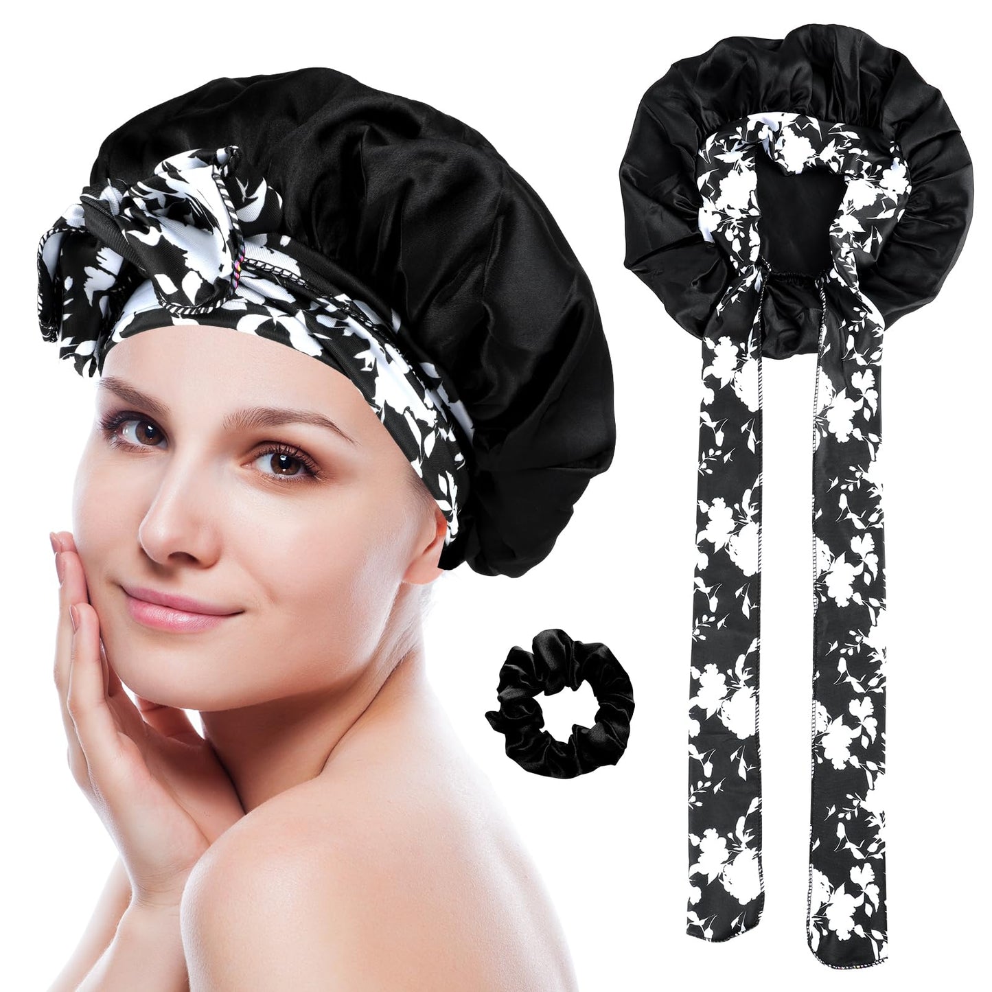 1 x Silk Bonnet Sleep Cap, Printed Silk Sleep Cap, Silk Hood for Sleeping, Adjustable Night Sleep Hat, Soft Satin Hair Cap with Elastic Band, Non-Slip Bonnet Sleep Cap for Women, black, 43-64