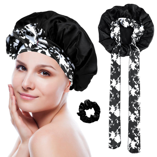 1 x Silk Bonnet Sleep Cap, Printed Silk Sleep Cap, Silk Hood for Sleeping, Adjustable Night Sleep Hat, Soft Satin Hair Cap with Elastic Band, Non-Slip Bonnet Sleep Cap for Women, black, 43-64