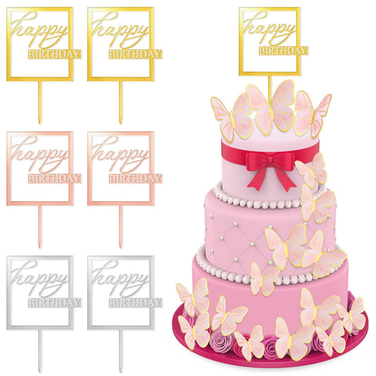 Aster 6 Pcs Happy Birthday Cake Toppers, Acrylic Glitter Happy Birthday Cupcake Toppers for Birthday Party Baby Shower Cake Supplies, Flat Personalized Cake Topper Decorations for Men, Women, Kids