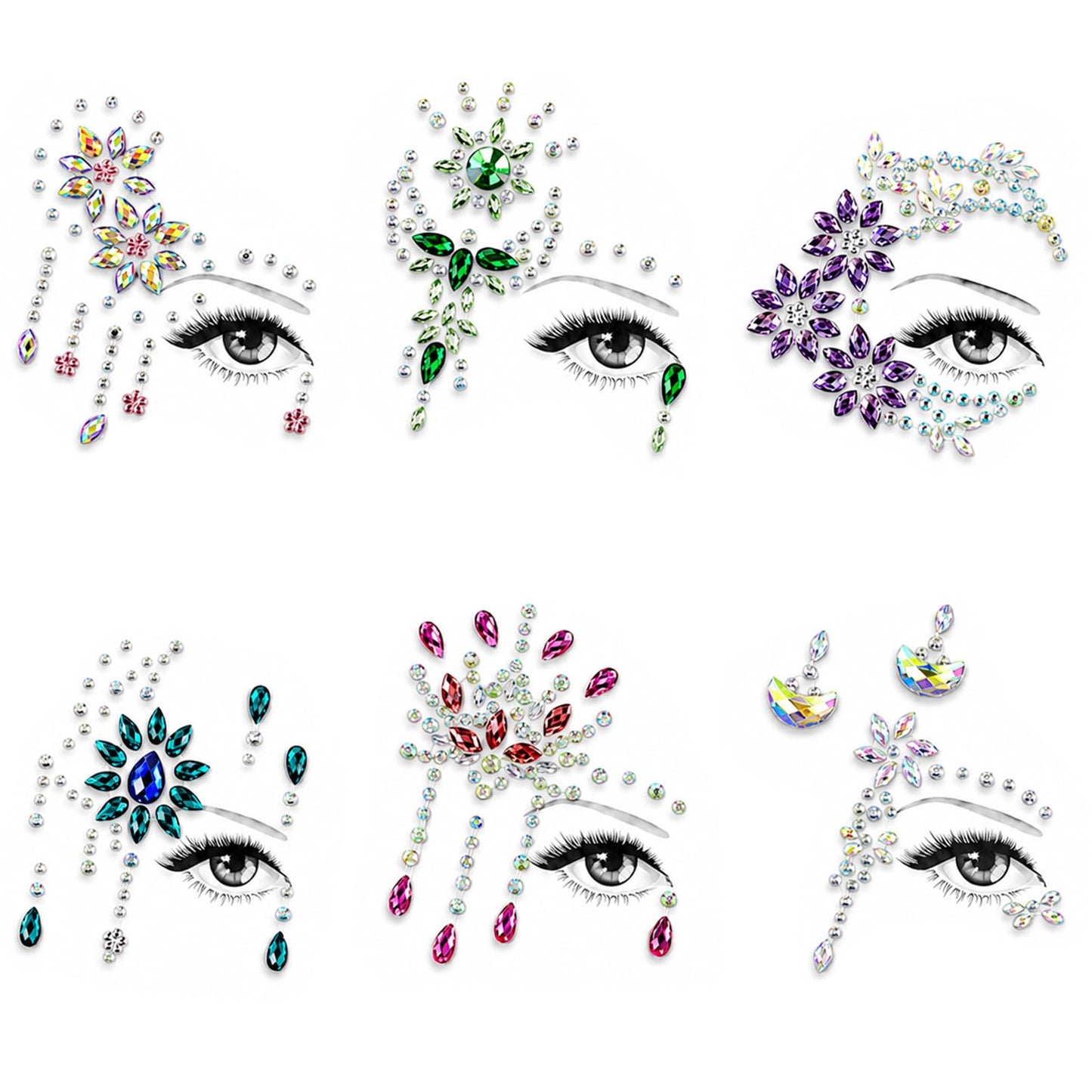 Thinp 6 Sheets Face Gem Stickers, 3D Glitter & Self-Adhesive Gems for Face