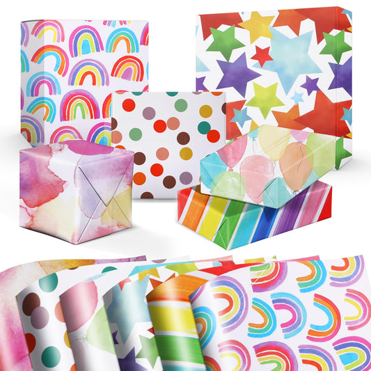 Aster 6 Sheets Rainbow Birthday Wrapping Paper, 20 x 28 Inches Gift Wrapping Paper Set, Colorful Wrapping Paper Sheet with Tape for Birthday, Valentines, Christmas, Baby Shower