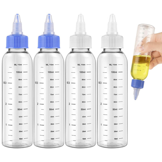 ASTER 4Pcs Oil Applicator Bottle for Hair, Squeeze 4 OZ Empty Plastic Bottles Applicator with Twist Top Cap, Clear Plastic Refillable Bottle, PET, Open/Close Nozzle - Multi Purpose(White, Blue)