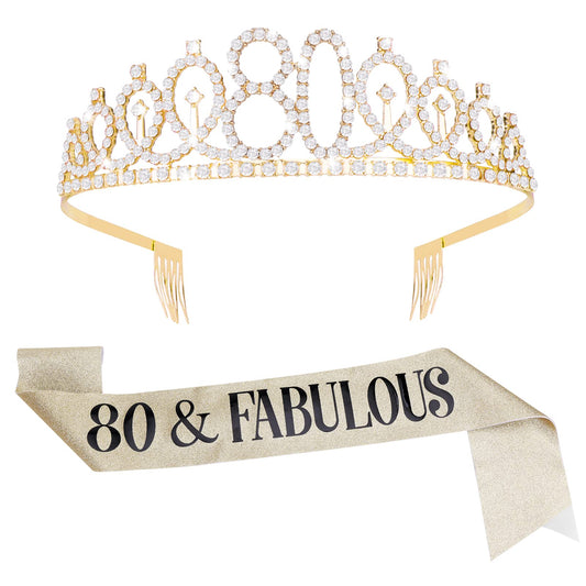 ASTER 80th Birthday Sash and Tiara Kit - Rose Gold 80& Fabulous Sash and Rhinestone Crown Birthday Gift for Women Happy 80th Party Decorations
