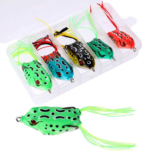 Aster 5pcs Topwater Frog Lures, Soft Fishing Lures Ray Frog Lure Crankbait Lures Weedless Fishing Lures for Bass Snakehead, Weedless Freshwater Soft Simulated Frog Bait with Fishing Box