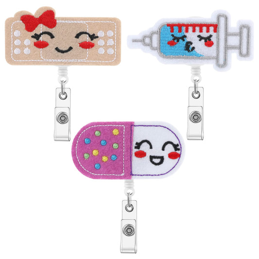 ASTER 3 Pieces Felt Nurse Badge Reels Retractable Name ID Badge Holders Cute Pill Bandage and Syringe Nursing Name Badge Reel with Alligator Clip for Doctor Nurse Teacher Students