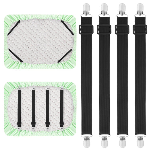 ASTER Adjustable Bed Sheet Straps Clips, 4 Pcs Elastic Bed Sheet Fasteners, Mattress Sheet Holder and Suspenders, Fitted Sheet Clips for Bed Mattress Cover Fitted Bed Sheets, Black
