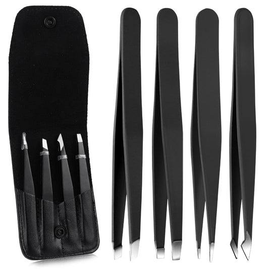 Tweezers Set, 4 Pcs Professional Stainless Steel Tweezers for Eyebrows Stainless Steel Tweezers Hair Removal Tweezers for Facial Hair, Eyelash, Eyebrow or Ingrown Hair, with Travel Case, Black