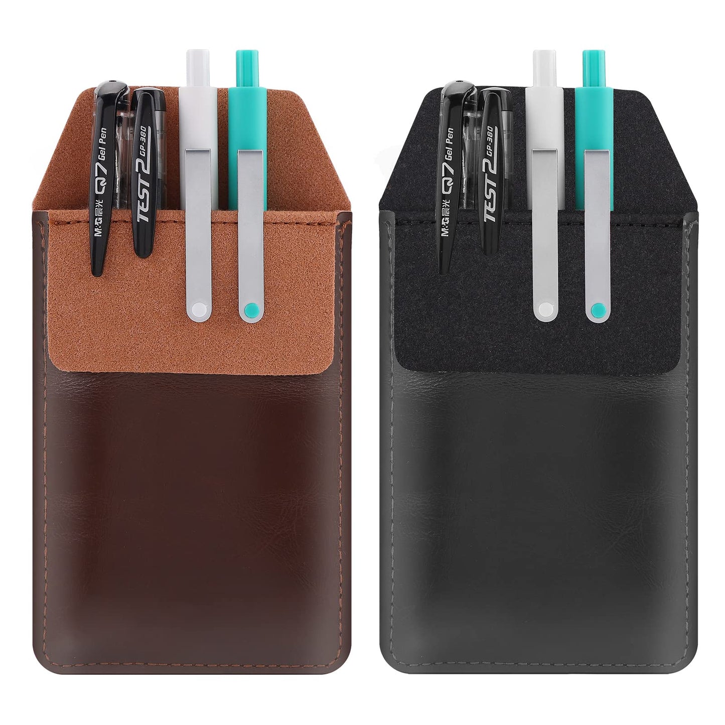 ASTER Pocket Protector, 2 Pieces Leather Pen Pouch Holder Organizer Pouch for Shirts Lab Coats Pants Pen Sleeve, Durable Pocket Tool Pouch for Holds Pens, Pointers, Pencils, Ruler(Brown, Black)