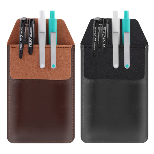 ASTER Pocket Protector, 2 Pieces Leather Pen Pouch Holder Organizer Pouch for Shirts Lab Coats Pants Pen Sleeve, Durable Pocket Tool Pouch for Holds Pens, Pointers, Pencils, Ruler(Brown, Black)