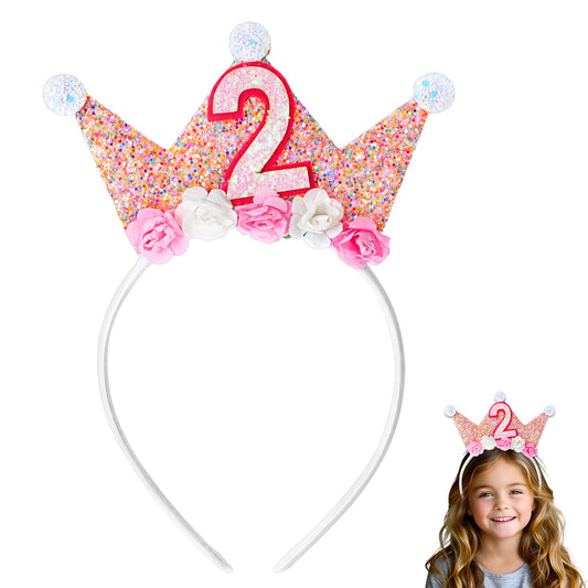 Toddler Birthday Crown, Birthday Girl Crown Headband 2nd to 6th Birthday Crown for Girls, Princess Tiara, Flower Tiara Headbands for Birthday Girls (2nd birthday headband)