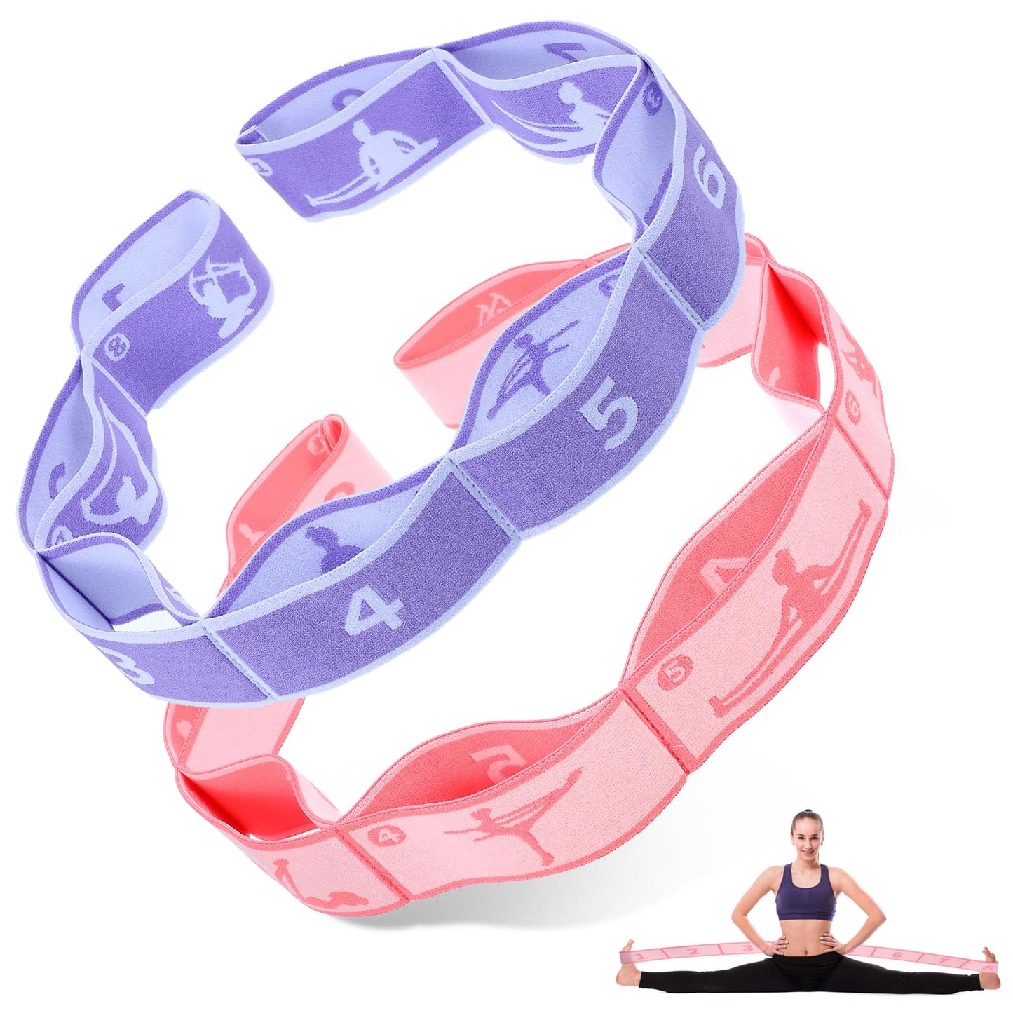 Pack of 2 Yoga Stretching Band, Highly Elastic Strap, Gymnastics Band, Stretching Band with 8 Loops, Fitness Stretch Strap, for Pilates, Dance, Gymnastics (C)