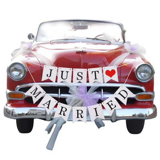 'JUST MARRIED' Banner Wedding Decorations, Just Married Wedding Day Sign Bridal Shower Decoration Banner Car Decorations for Honeymoon Wedding