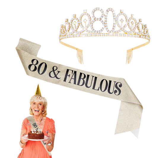 1 Set Gold 80th Birthday Sash and Tiara, 80th Birthday Decoration, Elegant Shiny Birthday Crown, 80th Happy Birthday Girl, for 80th Birthday Decoration Gift and Women Party Accessories
