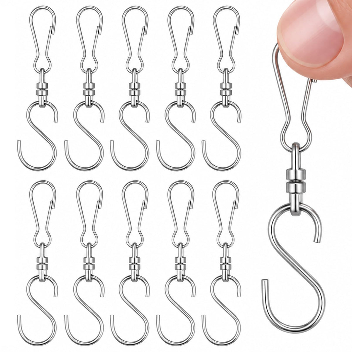 Pack of 10 Rotating Hooks with Double Clip Wind Spinner Swivel Hook