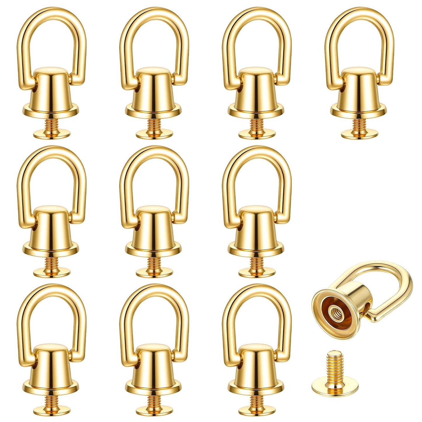 10 Pieces 360°Rotatable Gold Brass D Rings for Purse, Crossbody Conversion Kit with Heavy Duty Leather Rivets & Stud Screws, Bag Hardware for DIY Leathercraft, Wallet Strap, Shoe Accessories